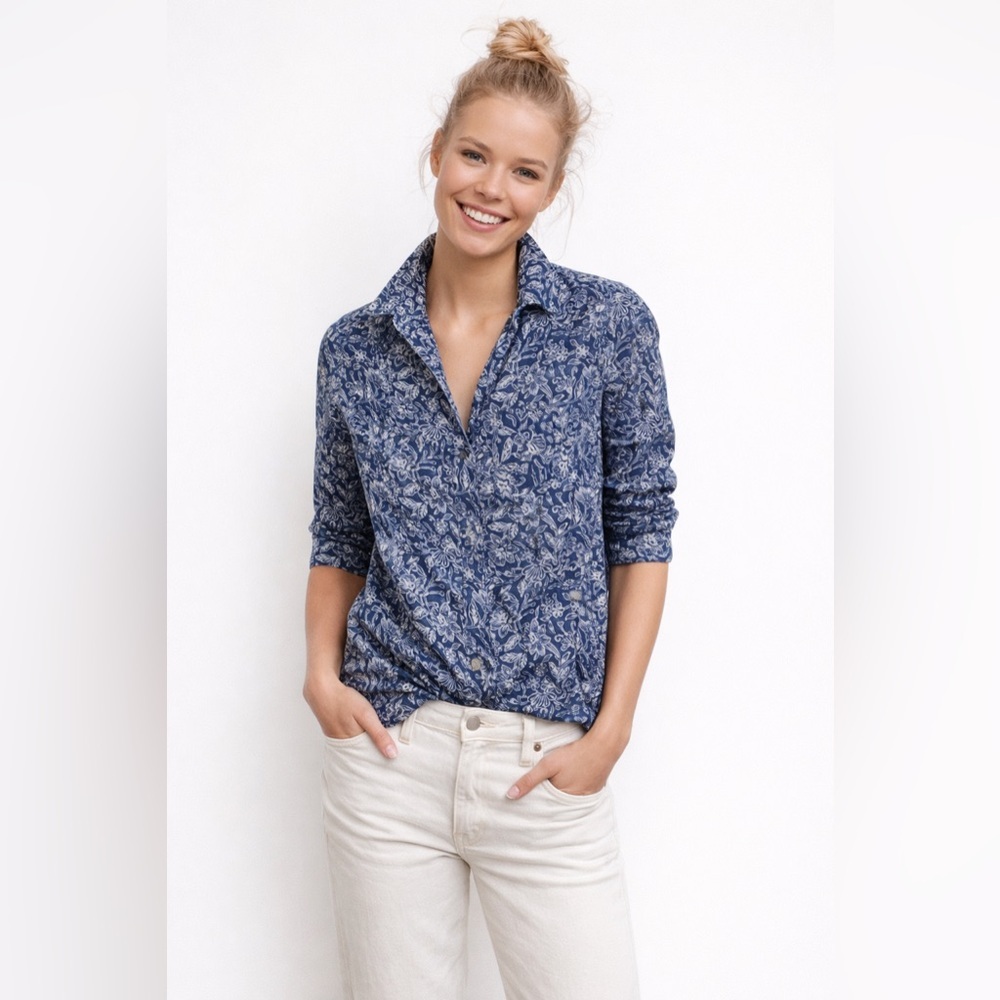 Maeve Anthropologie blue floral print button front long sleeve shirt size 2